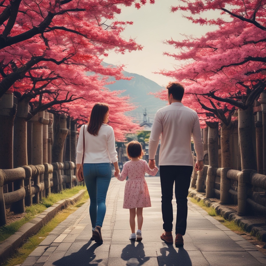 Happy family enjoying sightseeing in Japan